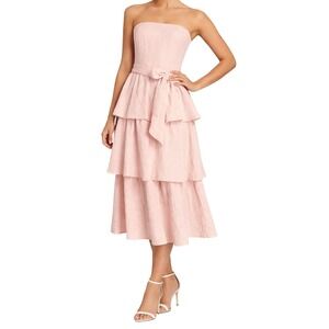 LULUS Strapless Ruffled Tiered Midi Dress Pink Textured Bow Waist NWT M
